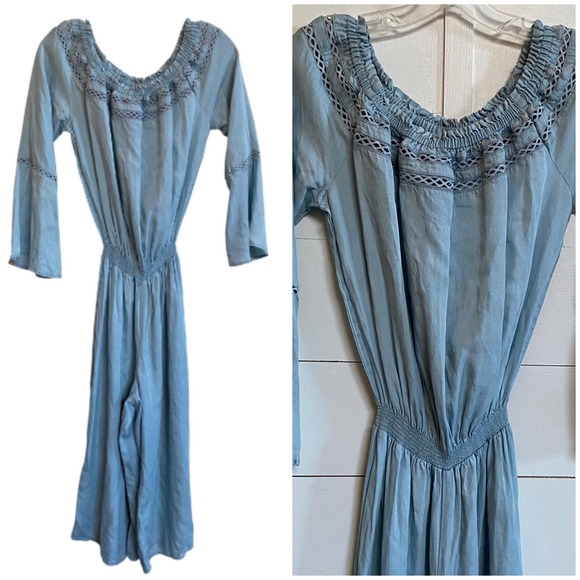 Walter Baker Milan Light Chambray Jumpsuit Off‎ The Shoulder Wide Leg Crochet -S - Picture 1 of 13